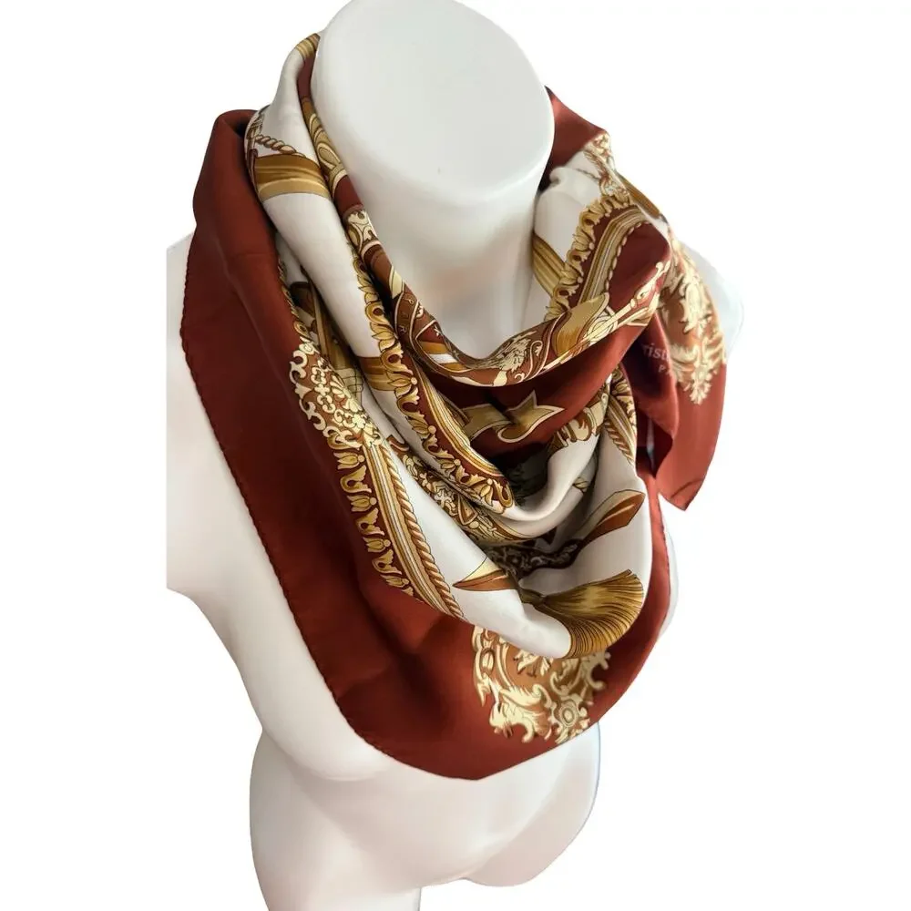 Vintage Christian Garets Paris Silk Scarf Ivory Brown Gold Swords Arms Baroque